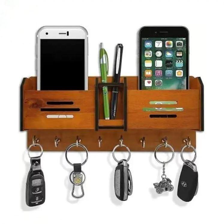 Wooden Double Pocket Mobile & Key Holder Wall Mount