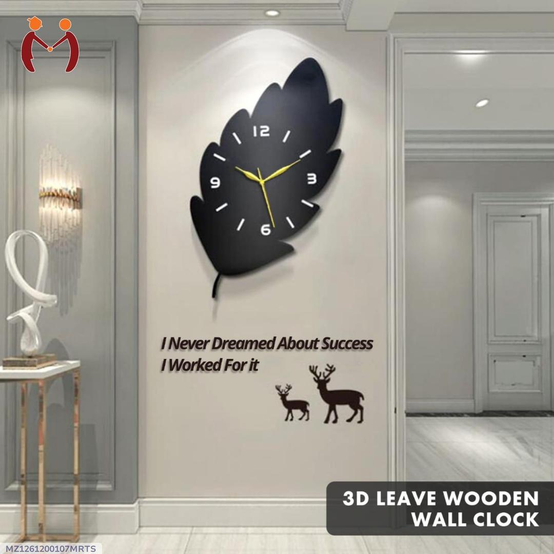 3D Leaf Wooden Wall Clock Black Golden Hand