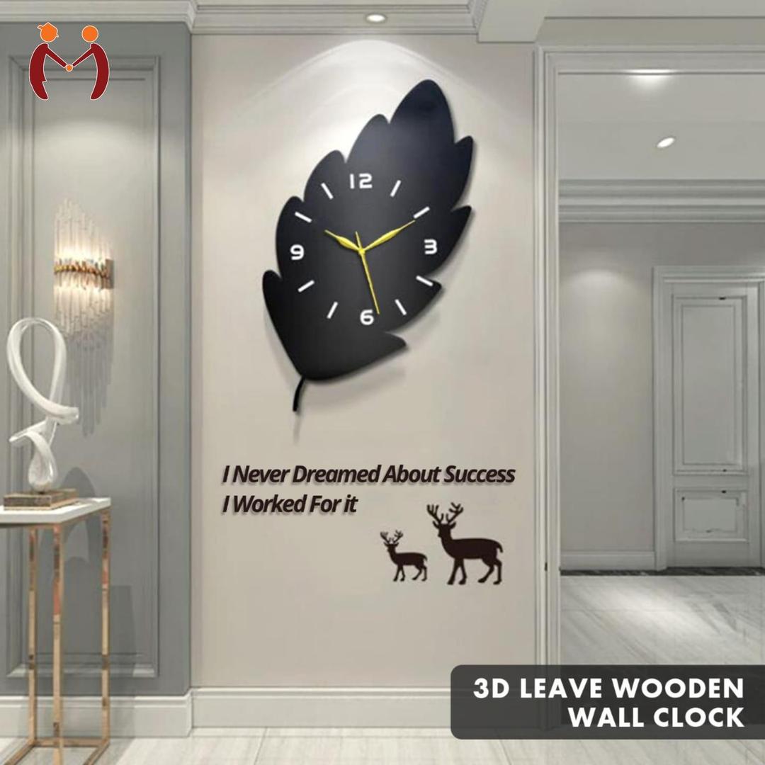 3D Leaf Wooden Wall Clock Black Golden Hand