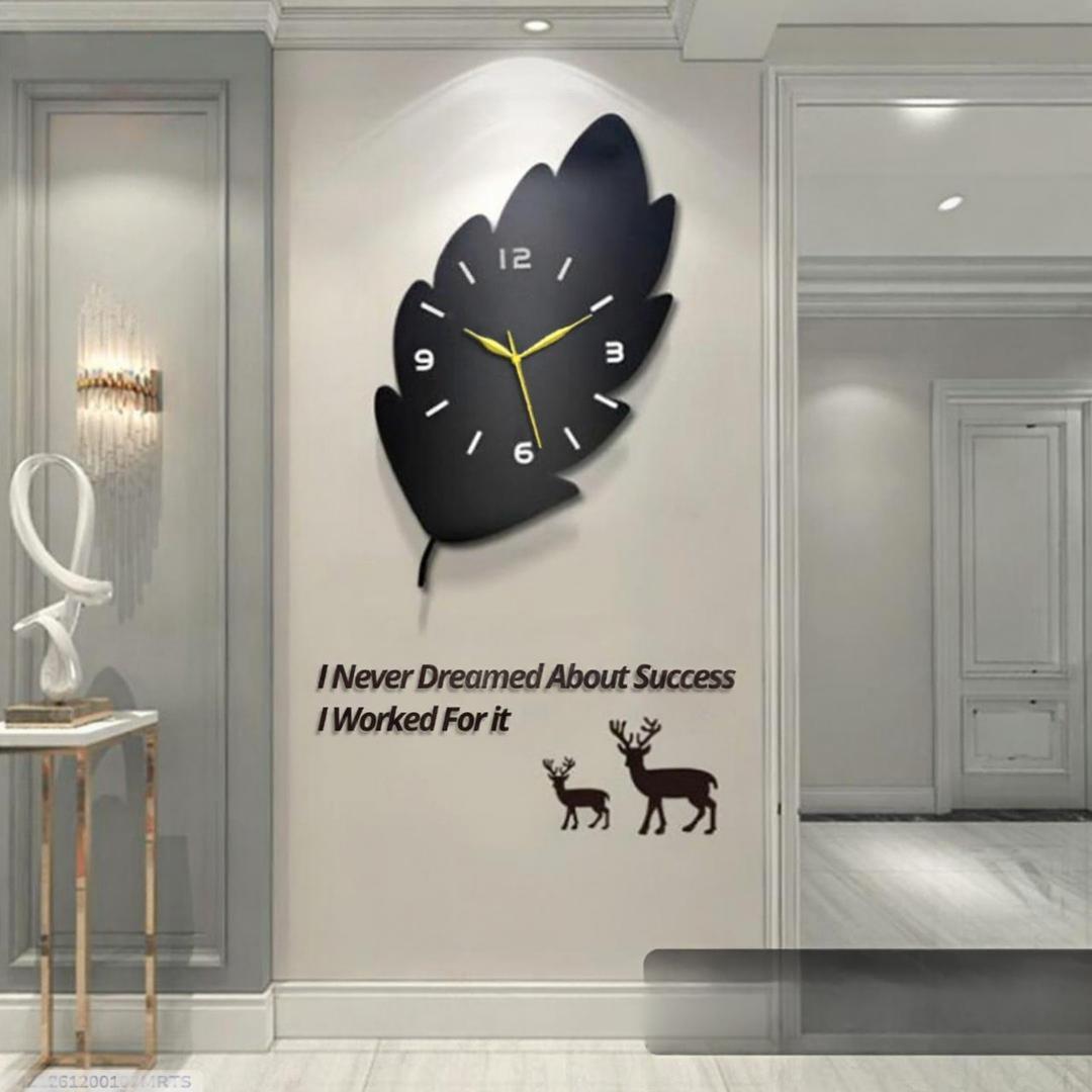 3D Leaf Wooden Wall Clock Black Golden Hand